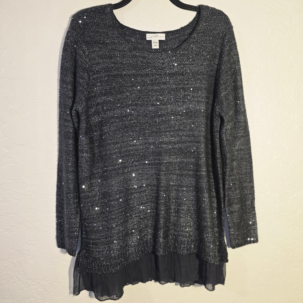 Jaclyn Smith Collection Womens XL Black Sequin Tulle Layered Knit Sweater Tunic